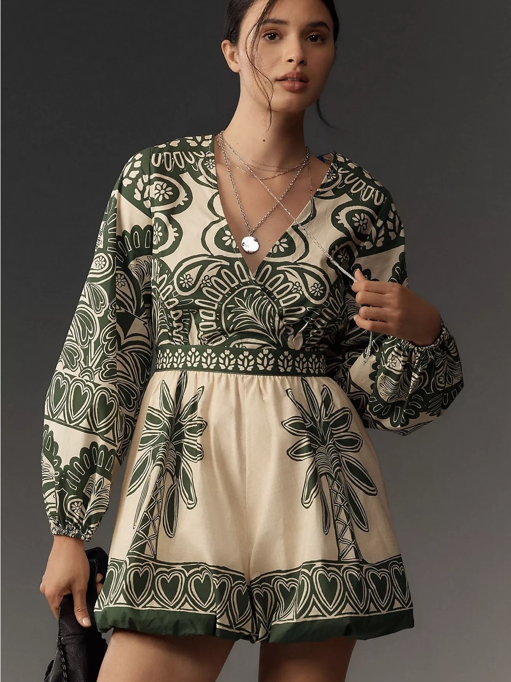 NWT FARM RIO x ANTHROPOLOGIE Long-Sleeve V-Neck Printed Romper